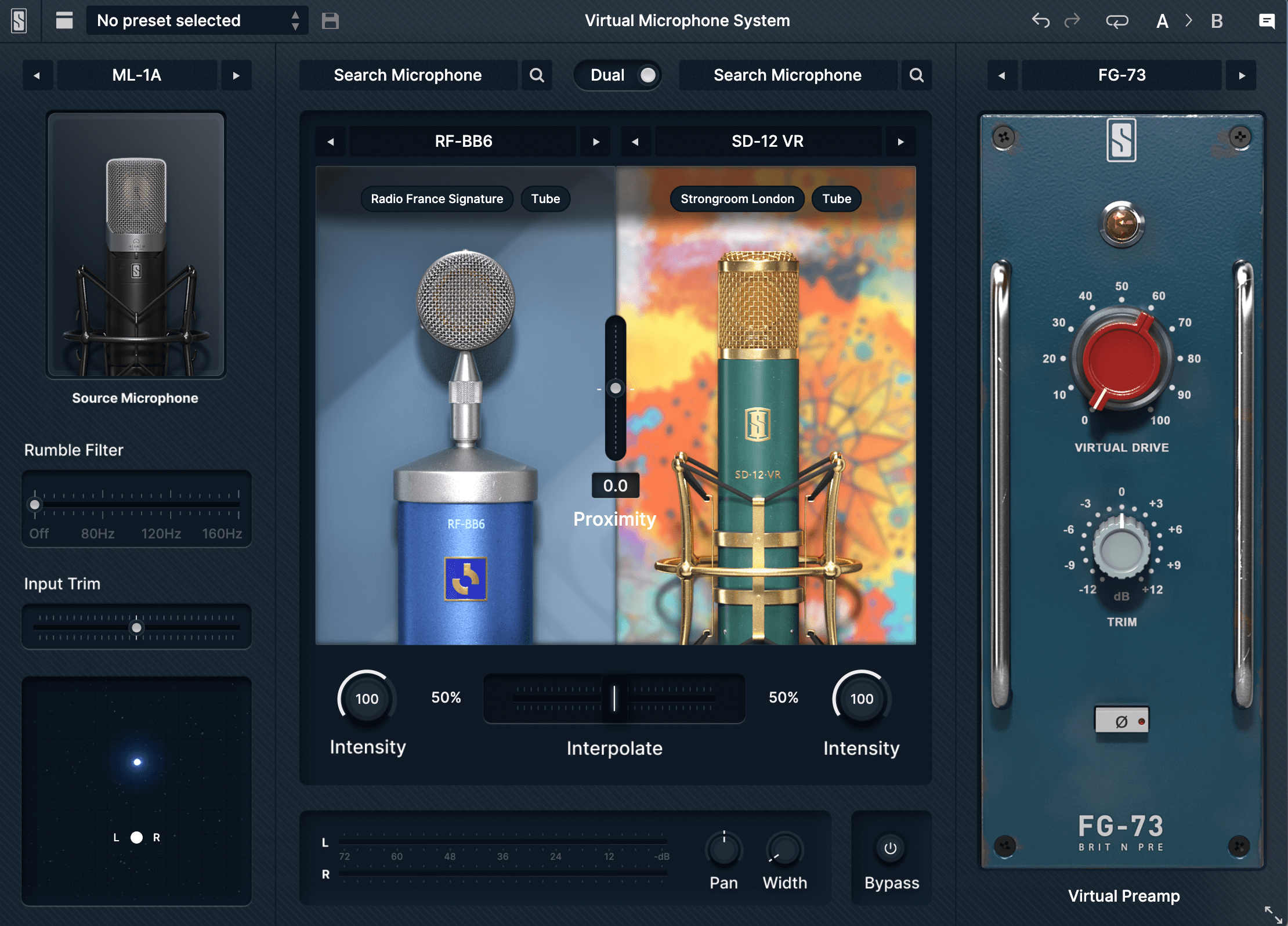 Slate Digital Virtual Microphone System plugin interface showing ML-1A as the source mic with dual mic models RF-BB6 and SD-12 VR, including proximity and preamp controls.