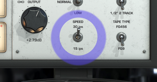 Close-up of Slate Digital’s Virtual Tape Machines plugin interface showing the speed control options for 15 ips and 30 ips tape playback.
